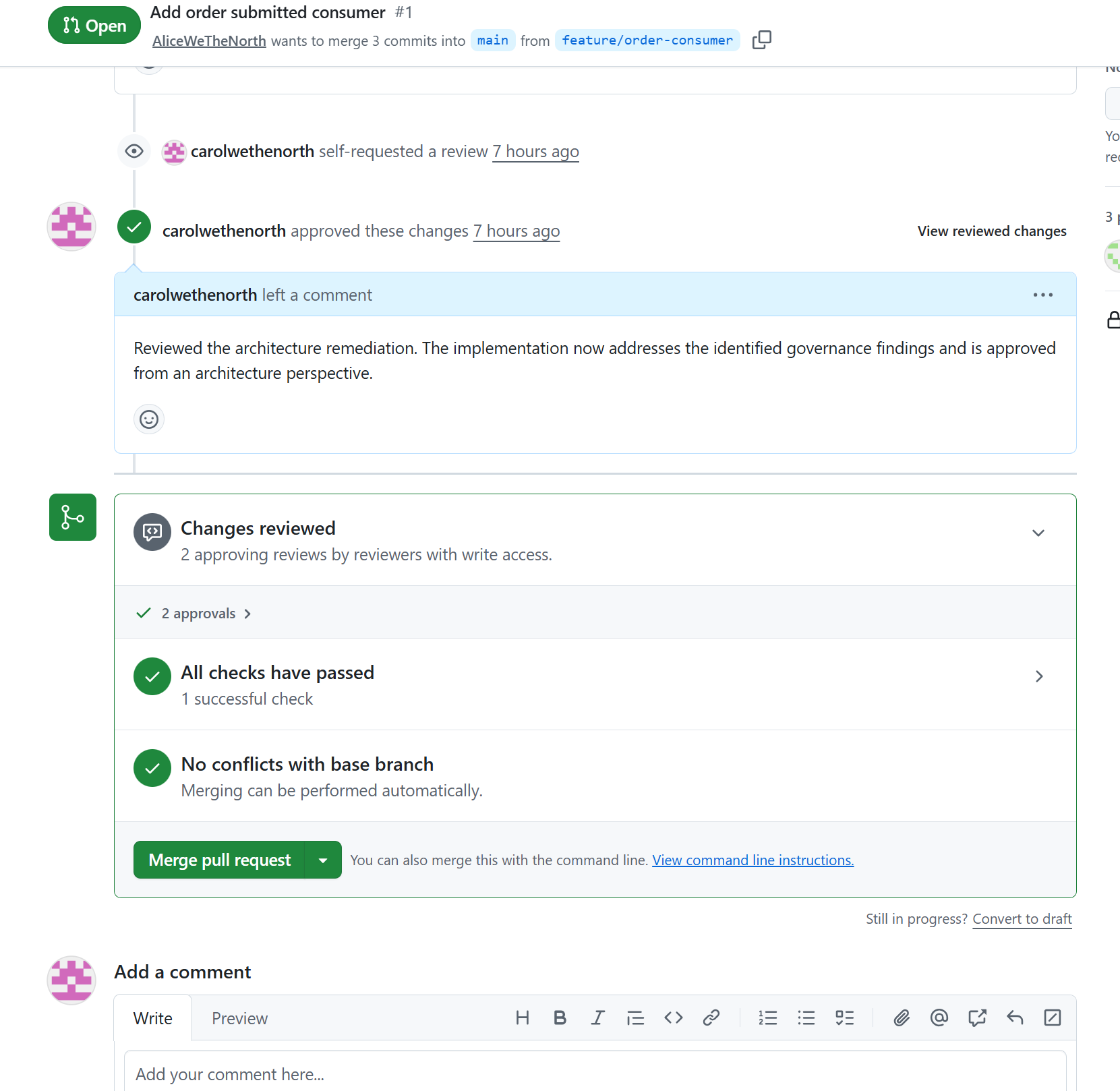 GitHub pull request showing successful checks and human review