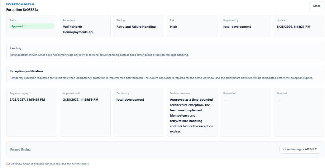 Approved ArkSentinel exception detail showing scope, risk, justification, expiry, and decision