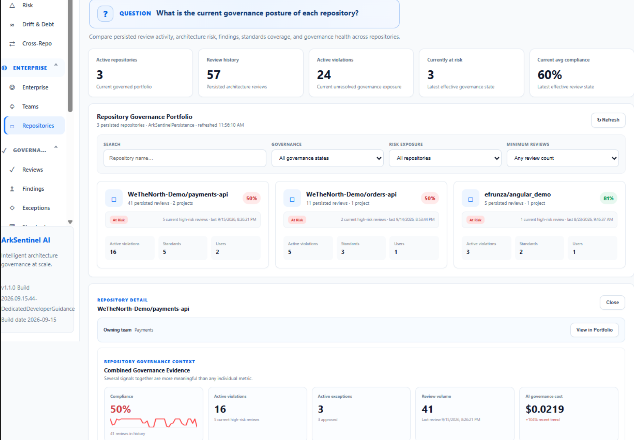 ArkSentinel repository governance evidence showing compliance, active violations, active exceptions, review history, and governance cost
