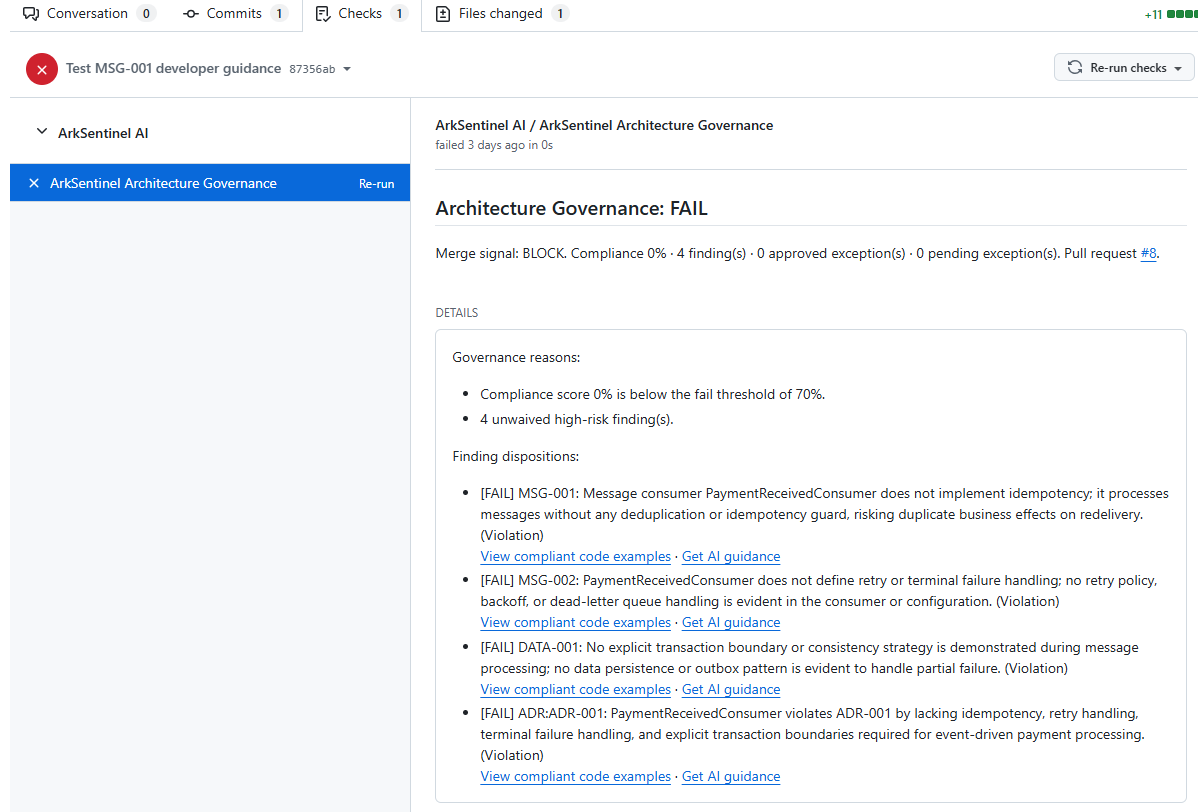 When a pull request violates standards connected to an accepted ADR, ArkSentinel AI surfaces the finding in the delivery workflow so developers can remediate before the change is completed.