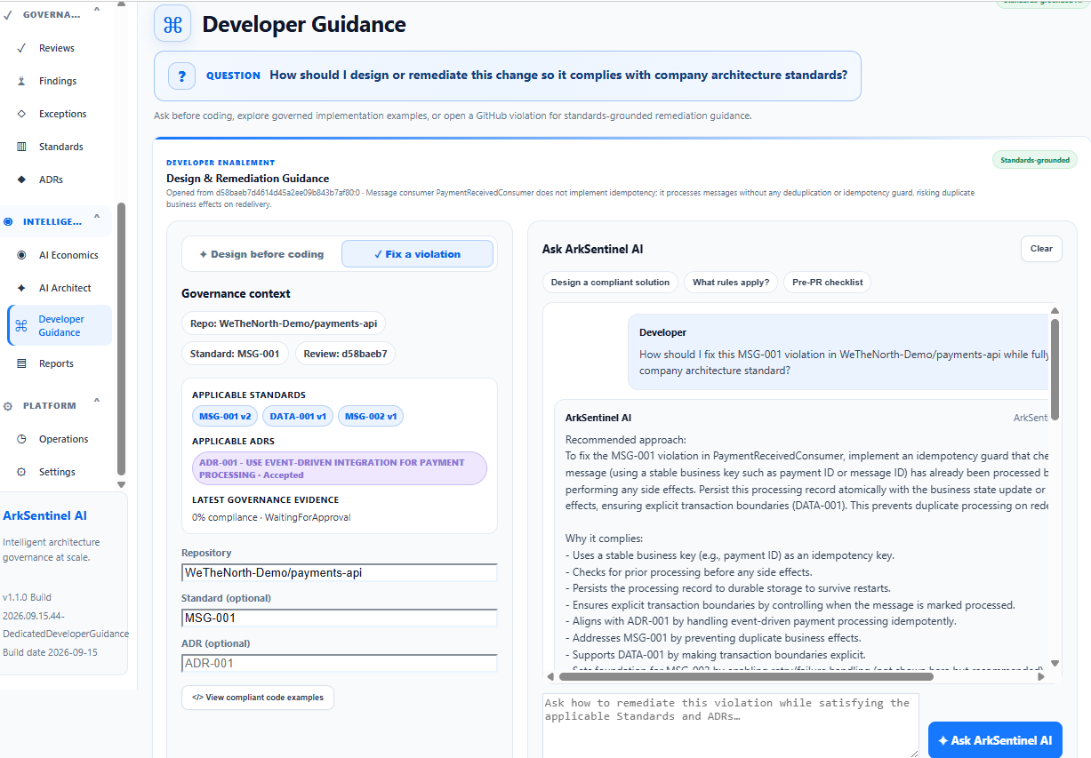 ArkSentinel AI answers a developer question in the context of payments-api, MSG-001, and ADR-001, connecting implementation advice to governed repository, standard, and architecture-decision context.