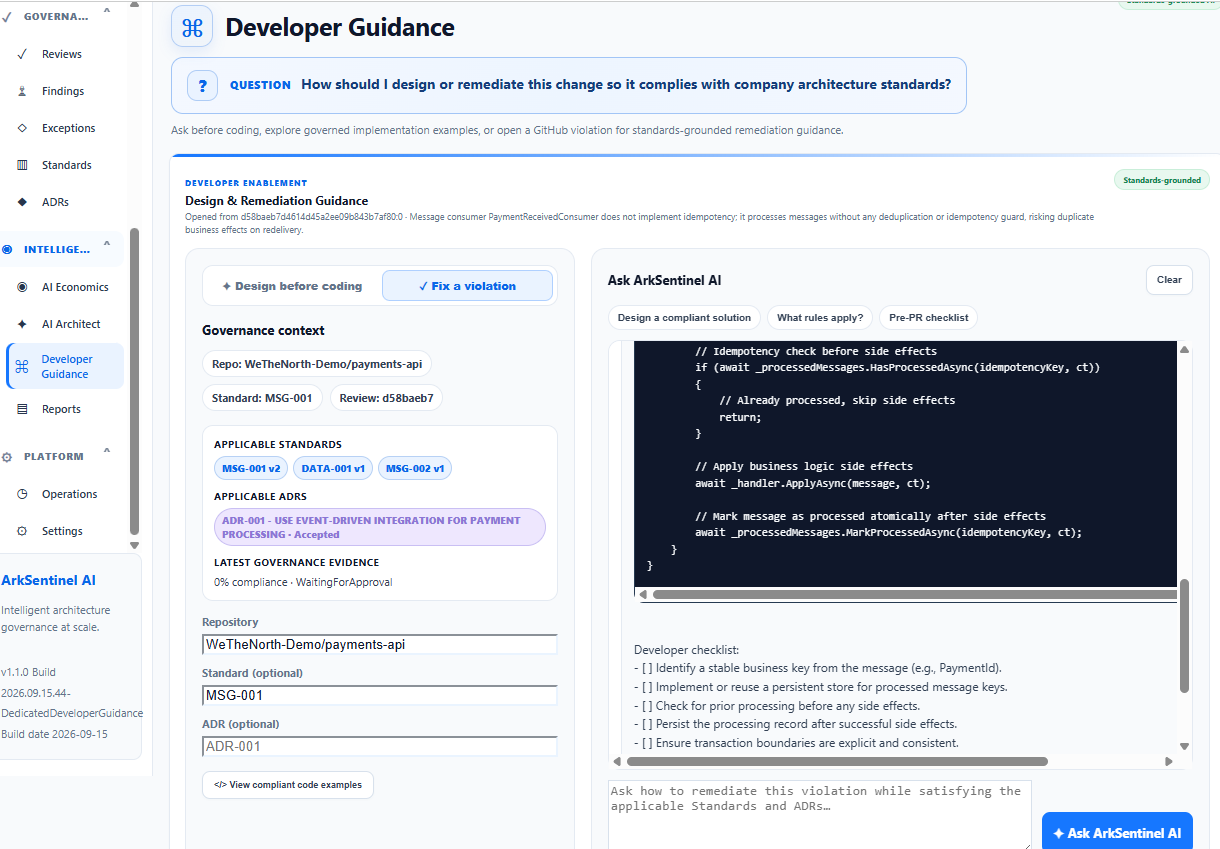 The same AI Architect response continues into practical implementation guidance, including code patterns and a developer checklist for idempotency, retry handling, transaction boundaries, and failure management.