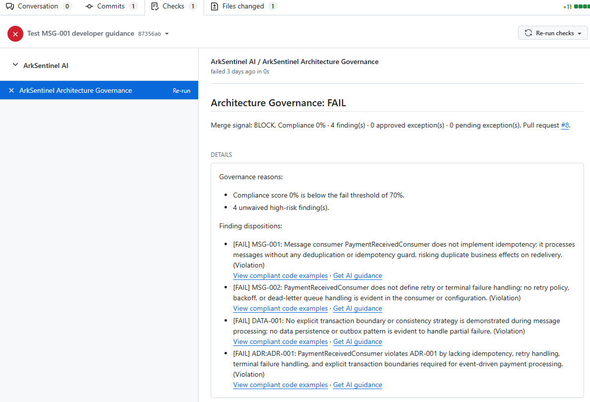 ArkSentinel AI exposes direct actions from a failed architecture finding to standards-grounded AI guidance and compliant code examples, helping developers understand the violation and move toward a fix.
