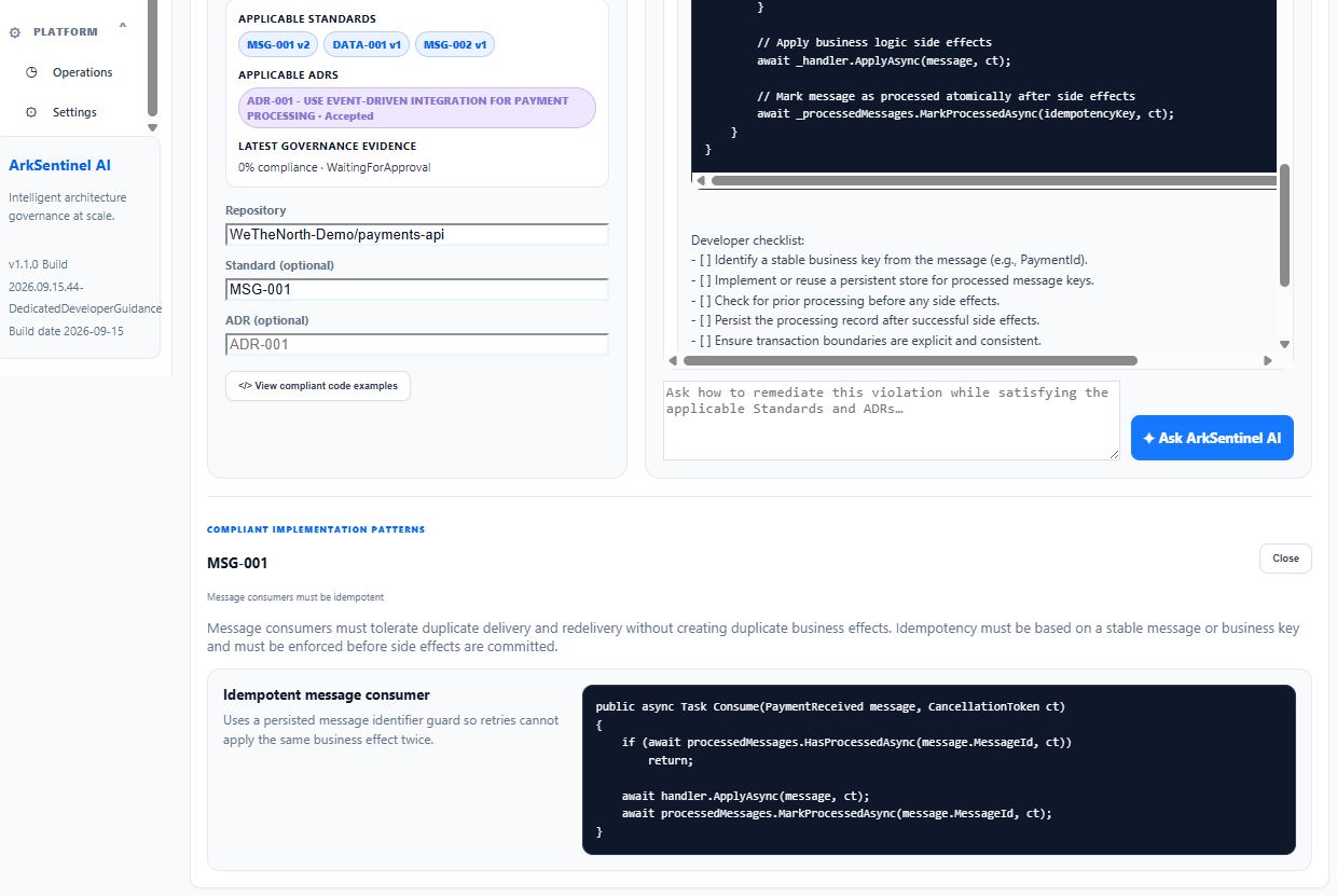 ArkSentinel AI connects repository context, applicable standards, ADRs, and current governance evidence to a concrete implementation pattern, giving developers sample code that is tied to the architecture requirement rather than generic advice.