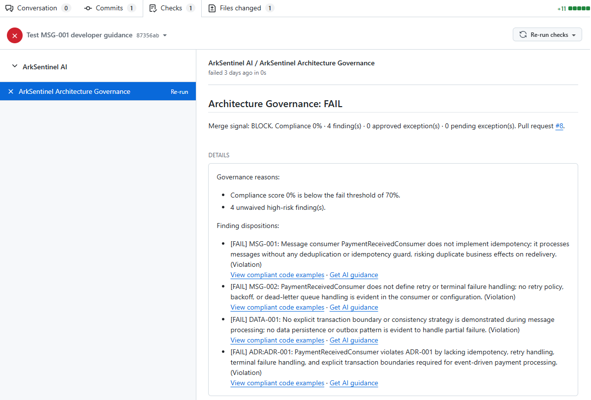 GitHub failed architecture review with direct links to compliant code examples and ArkSentinel AI guidance.