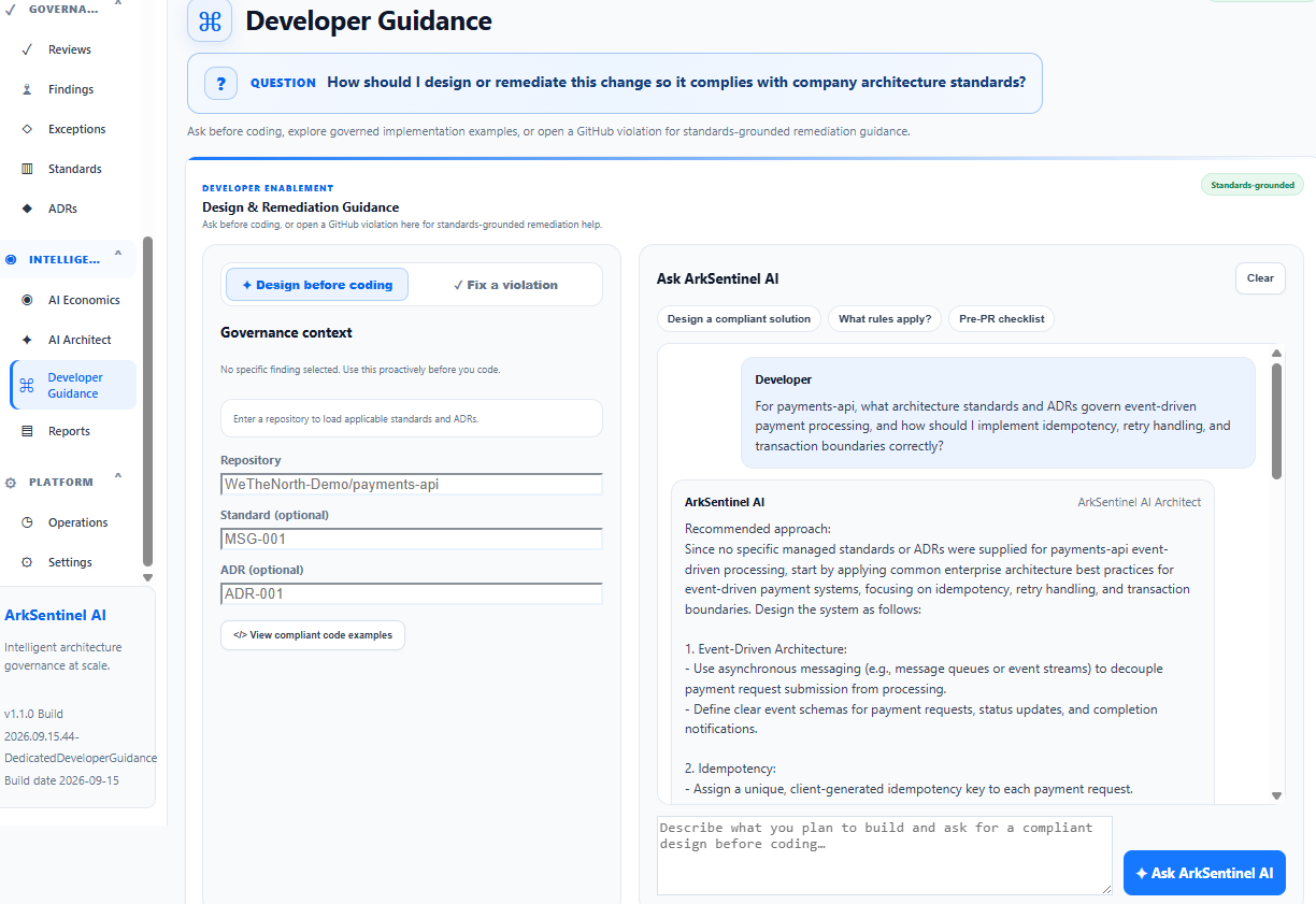 ArkSentinel Developer Guidance showing repository, standard and ADR grounded AI assistance.
