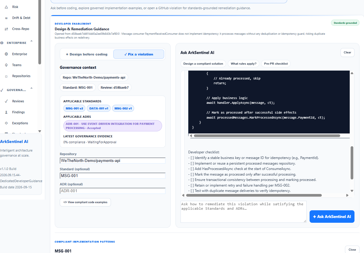 ArkSentinel Developer Guidance showing remediation code and a developer checklist for an active finding.