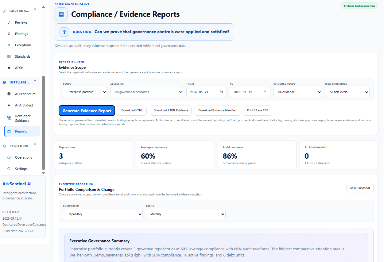 ArkSentinel Compliance and Evidence Reports page with evidence scope, compliance posture, audit readiness and executive reporting.