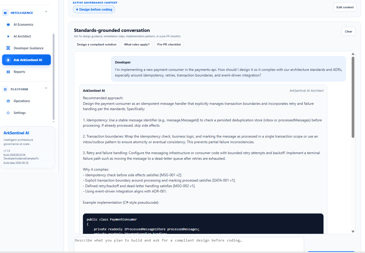 Figure 2 — Standards-grounded AI guidance translates applicable architecture standards and ADRs into concrete implementation advice, explaining idempotency, transaction boundaries, retry handling, and an example implementation before coding begins.