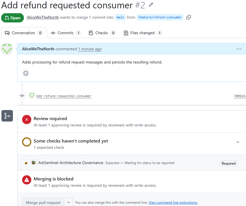 GitHub blocks the merge because the required ArkSentinel Architecture Governance check failed.