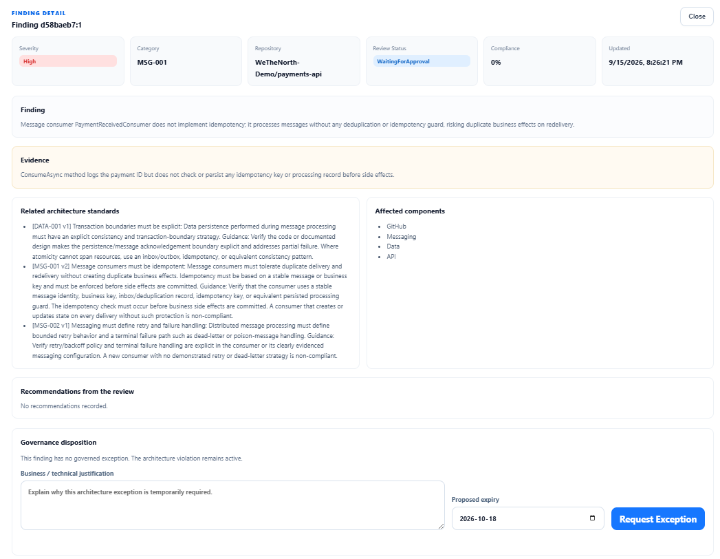 ArkSentinel finding detail showing evidence, related standards, and governance disposition for a policy violation