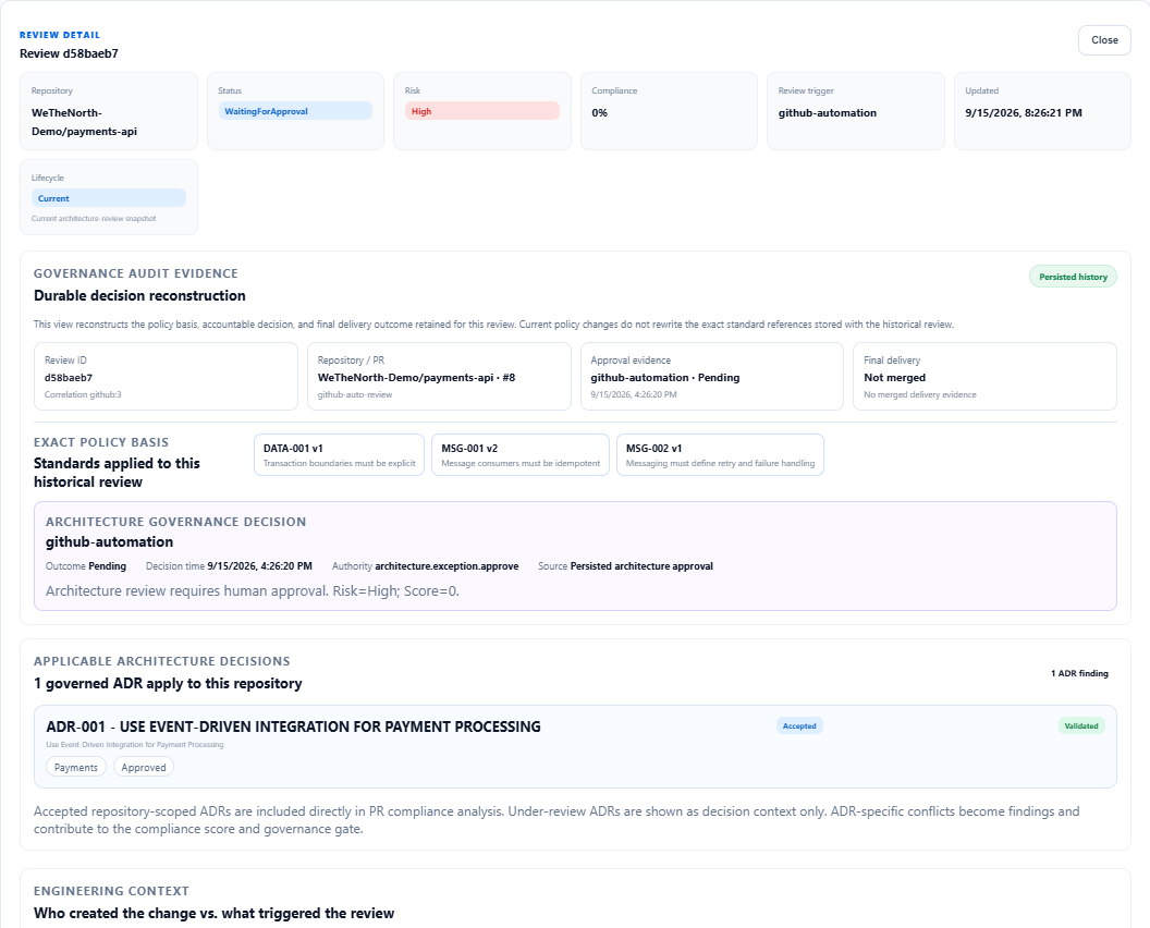 ArkSentinel review detail with durable decision reconstruction, exact policy basis, and architecture decision context